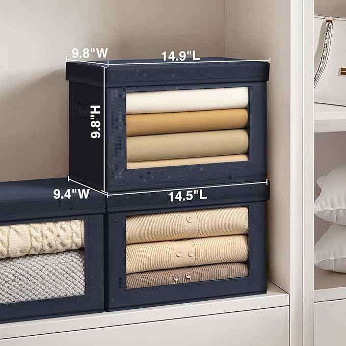 Foldable Storage Boxes with Clear Window - Clothes Organizers and Storage, Decorative Bins with Lid, Fabric Storage Cube, Storage Baskets for shelves, Yarn, Home, Navy blue, 3 Pack