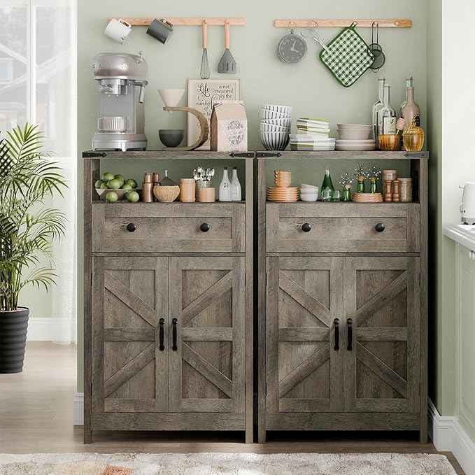 Vabches Farmhouse Storage Cabinet with 2 Doors and 1 Dawer - Side Storage Organizer, Small Bathroom Cabinet for Bathroom, Kitchen, Living Room, Rustic Style, Grey