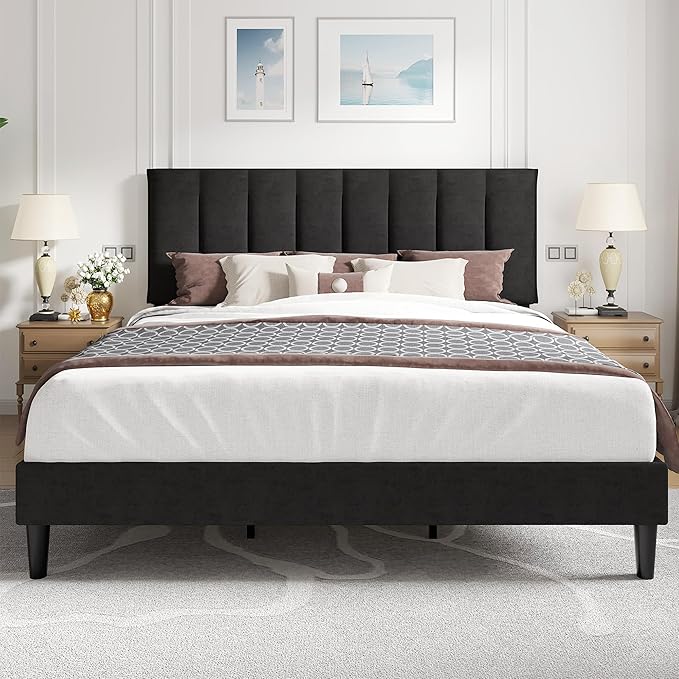 VECELO King Size Bed Frame with Upholstered Headboard, Heavy-Duty Bedframe with Strong Wooden Slats Support, No Boxing Spring Needed, Black