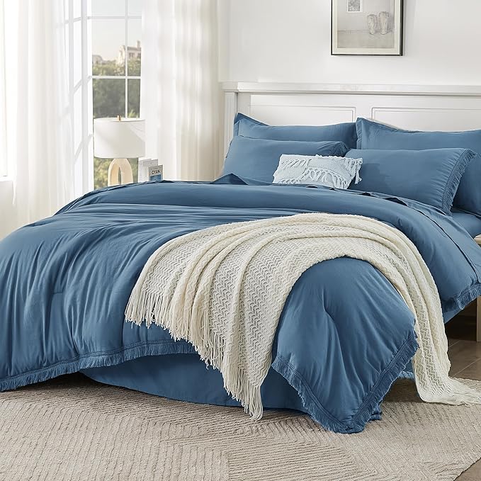 Andency Queen Comforter Set with Sheets Sea Blue - 7 Pieces Boho Tassel Bed in a Bag Soft Lightweight Bedding Sets, Fringe Bed Set with Comforter, Sheets, Pillowcases & Shams