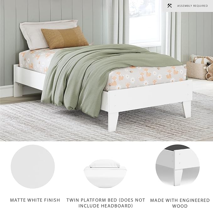 Signature Design by Ashley Hallityn Coastal Twin Platform Bed with Metal Slats, No Box Spring Needed, White
