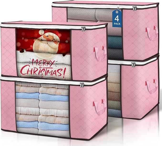 Budding Joy 90L Large Storage Bags, 4 Pack Clothes Storage Bins Foldable Closet Organizer Storage Containers Storage and Organization for Clothes, Blanket, Pillows and Toys (Pink)