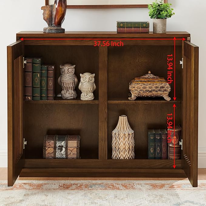 KEIKI 39" Mid Century Modern Fluted Hollowed Out Sideboard Cabinet with 2 Outlet Holes, Buffet Cabinet with Storage, Storage Cabinet for Living Room, Entryway, Hallway, Dining Room, Kitchen, Walnut