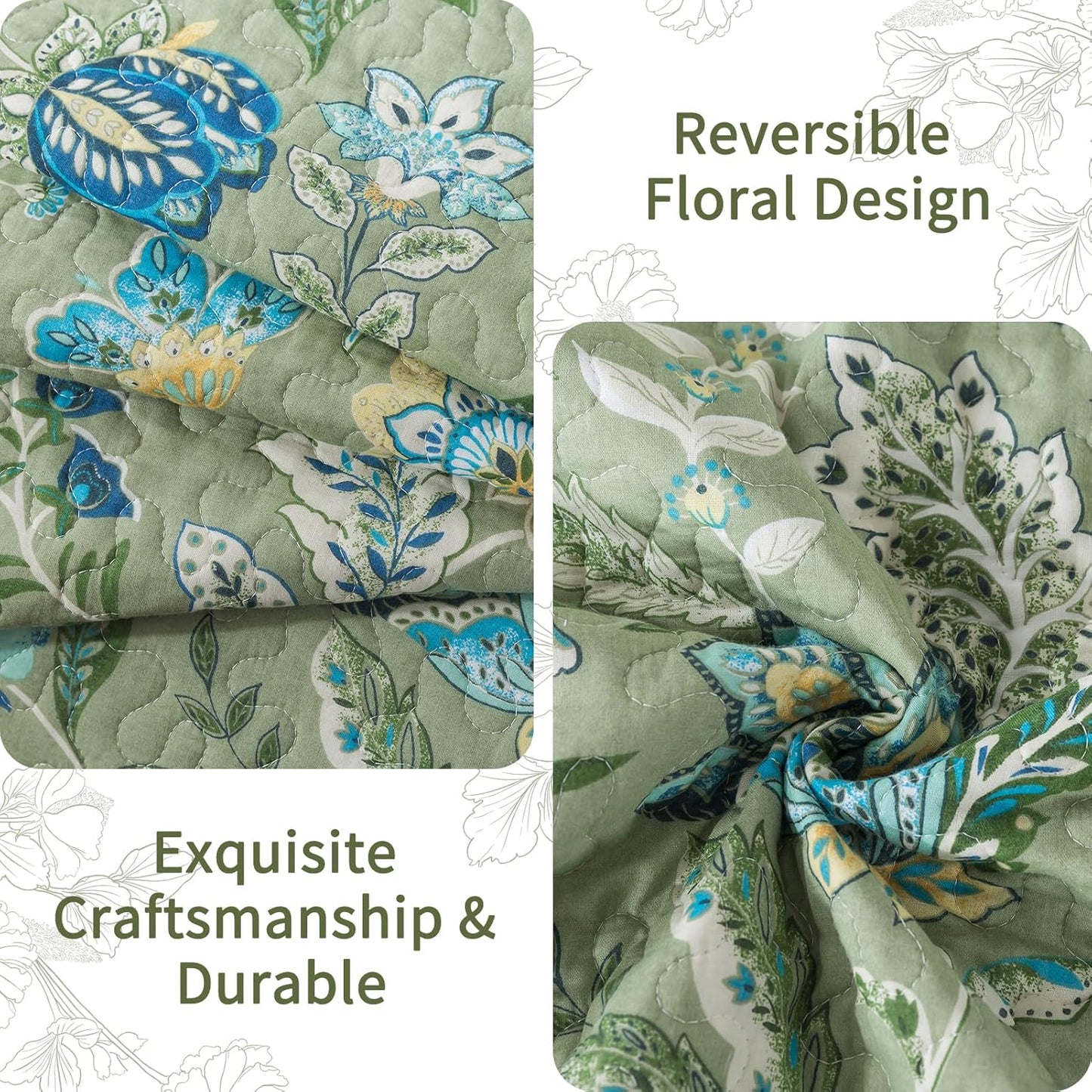 VAPUTAR Queen Quilt Bedding Set - Cotton Bedspreads Queen Size (90 x 98 inch) with Floral Pattern, Farmhouse Lightweight Queen Size Quilt Suitable for All Season（3 Pieces, Olive Green）