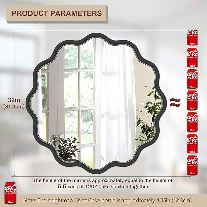 PROHOMEWARE Black Round Mirror 32 Inch Wavy Bathroom Vanity Mirror Black Frame Modern Wall Mirror Decorative Wall-Mounte Anti-Rust, Tempered Glass