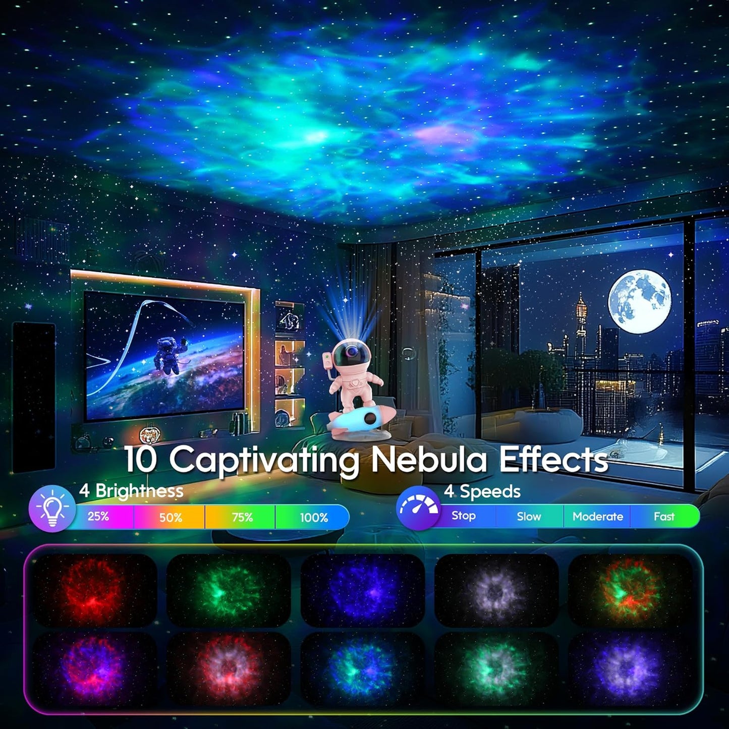 FlyEagle Astronaut Galaxy Projector, Star Nebula Projector with Rocket Lamp, Night Lights LED Star Projector for Bedroom, Remote Control, White Noises, Bluetooth Speaker for Bedroom