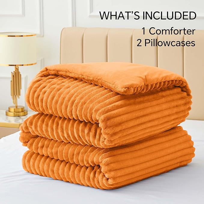 BEDELITE Fleece California King Comforter Set -Super Soft & Warm Fluffy Burnt Orange Bedding, Luxury Fuzzy Heavy Bed Set for Winter with 2 Pillow Cases