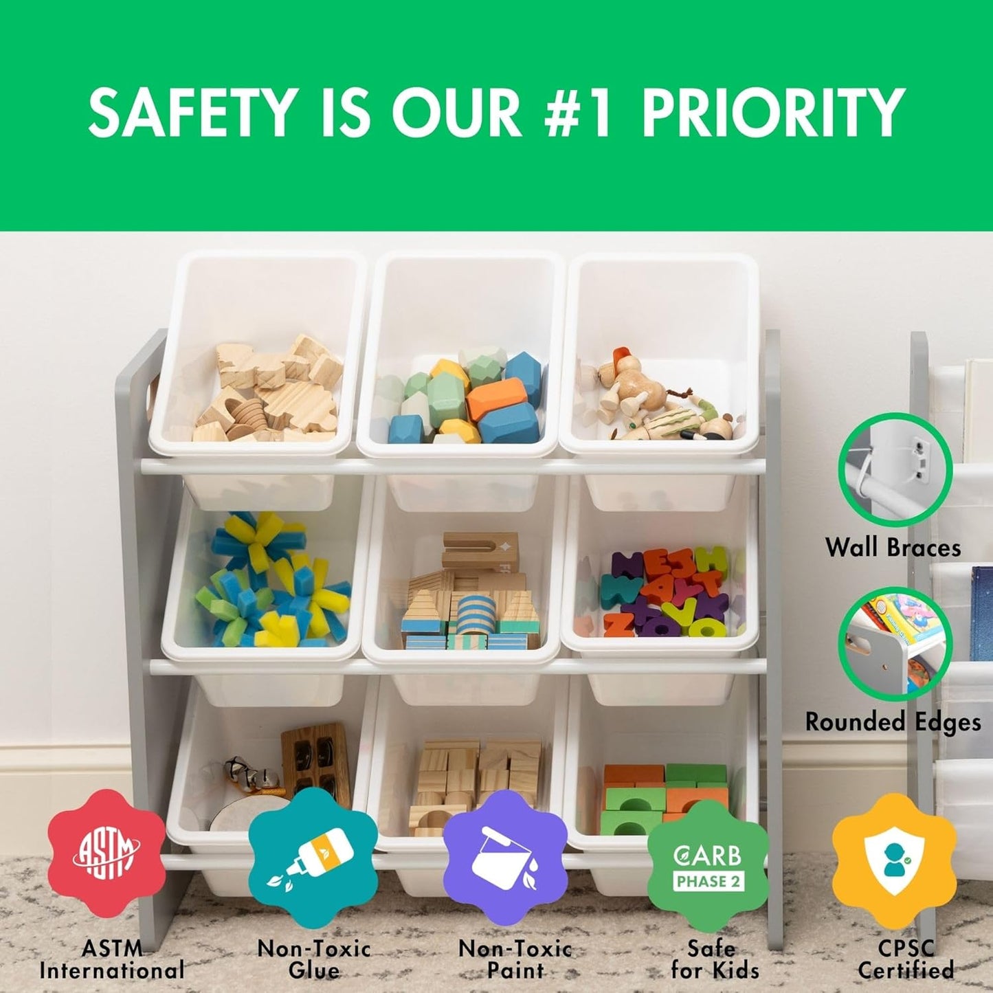 Humble Crew 9-Bin Toy Organizer – Inspire Grey with White Plastic Bins, 3-Tier Storage Solution for Kids' Playrooms and Nurseries