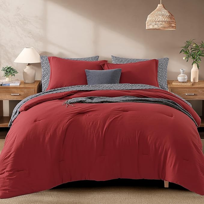 Monbix Queen Comforter Set - 7 Pieces Bright Red Prewashed Bed in a Bag Queen Bedding Sets with Comforters, All Seasons Ultra Soft Comforter Bed Set with Sheets, Pillowcases & Shams