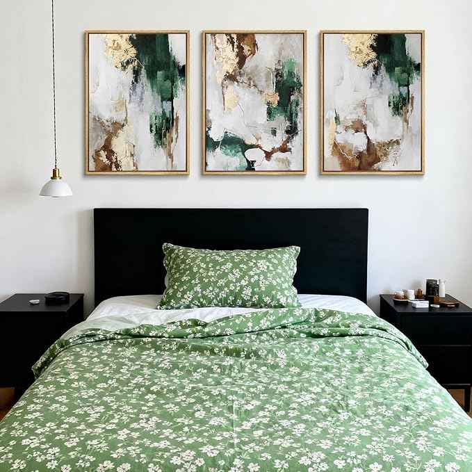 3Pcs Green and Gold Canvas Wall Art Abstract Posters Print Brown Abstract And Gray Line Pictures Decor for Living Room Bedroom Bathroom Home Decoration Unframed