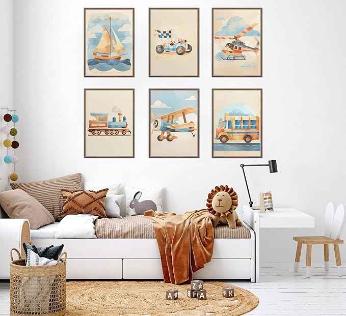 6Pcs Vintage Car Nursery Canvas Wall Art Watercolor Nursery Vehicle Airplane Ship Train Prints Pictures Blue Yellow Transportation Vehicle Painting Wall Decor for Children Room Home Unframed