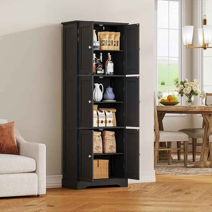 ChooChoo Tall Bathroom Storage Cabinet with 6 Doors, Freestanding Floor Cabinet with Adjustable Shelves, Black Pantry Cabinet for Bathroom, Kitchen, Laundry Room