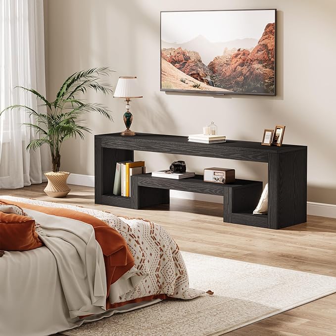 Tribesigns 63-Inch TV Stand for 55/60/65/75-Inch TVs, Farmhouse Entertainment Center with Open Storage Shelves, Black Television Console for Living Room, Bedroom