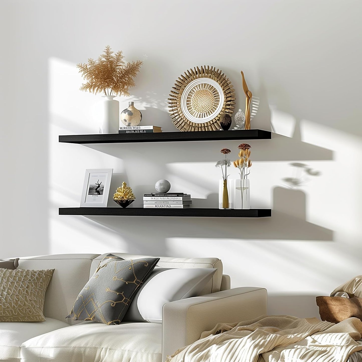 48 Inch Floating Shelves for Wall Rustic Black Wood Wall Shelves for Bedroom Set of 4 - Décor Diaries