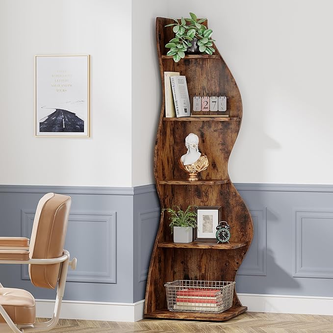 Tribesigns Corner Shelf, Rustic 5-Tier Wall Corner Bookshelf, Stylish Corner Small Bookcase Storage Rack Plant Stand with Unique Shape for Living Room, Home Office (1PC, Brown)