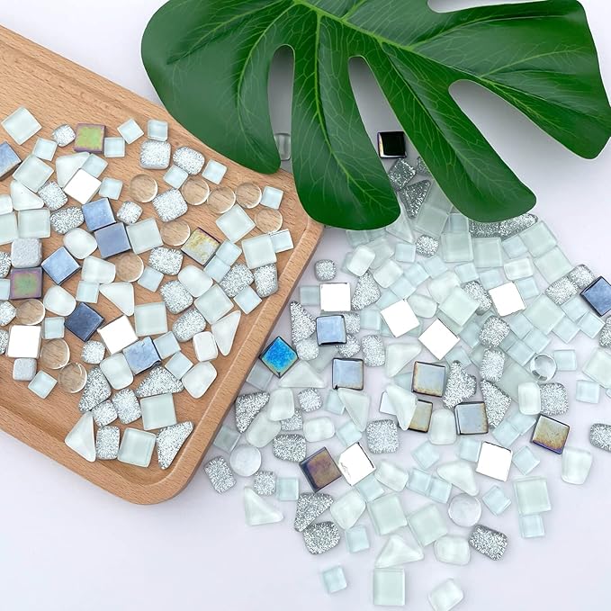 LITMIND 1.1LB Silver White Mixed Irregular Crystal Glass Mosaic Tiles for Crafts - Perfect for Mosaic Art Projects, Puzzles, and Home Décor