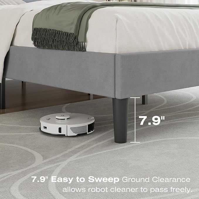 VECELO Queen Size Bed Frame with Upholstered Headboard, Heavy-Duty Bedframe with Strong Wooden Slats Support, No Boxing Spring Needed, Light Grey