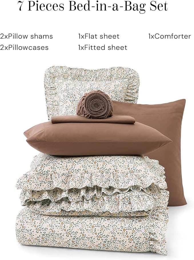 Queen Comforter Set - 7 Pieces Ruffle Beige Ditzy Bedding Sets, Shabby Chic Farmhouse Bed in a Bag Queen with Floral Comforter,Sheets, Pillowcases & Shams