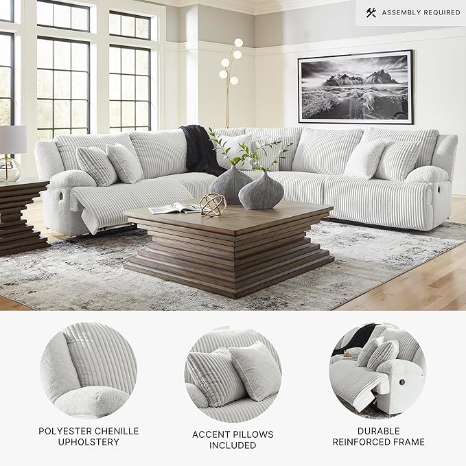 Signature Design by Ashley Top Tier Modern 5-Piece Reclining Sectional with Armrest and Throw Pillows, Light Gray