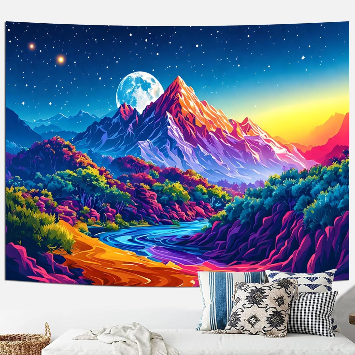 SparkLia Blacklight Sunset Mountain Tapestry – UV Reactive Forest Lake Wall Hanging, Neon Glow in the Dark Starry Sky Moon Nature Landscape for Bedroom, Living Room & Dorm Decor – 51.2" x 59.1"