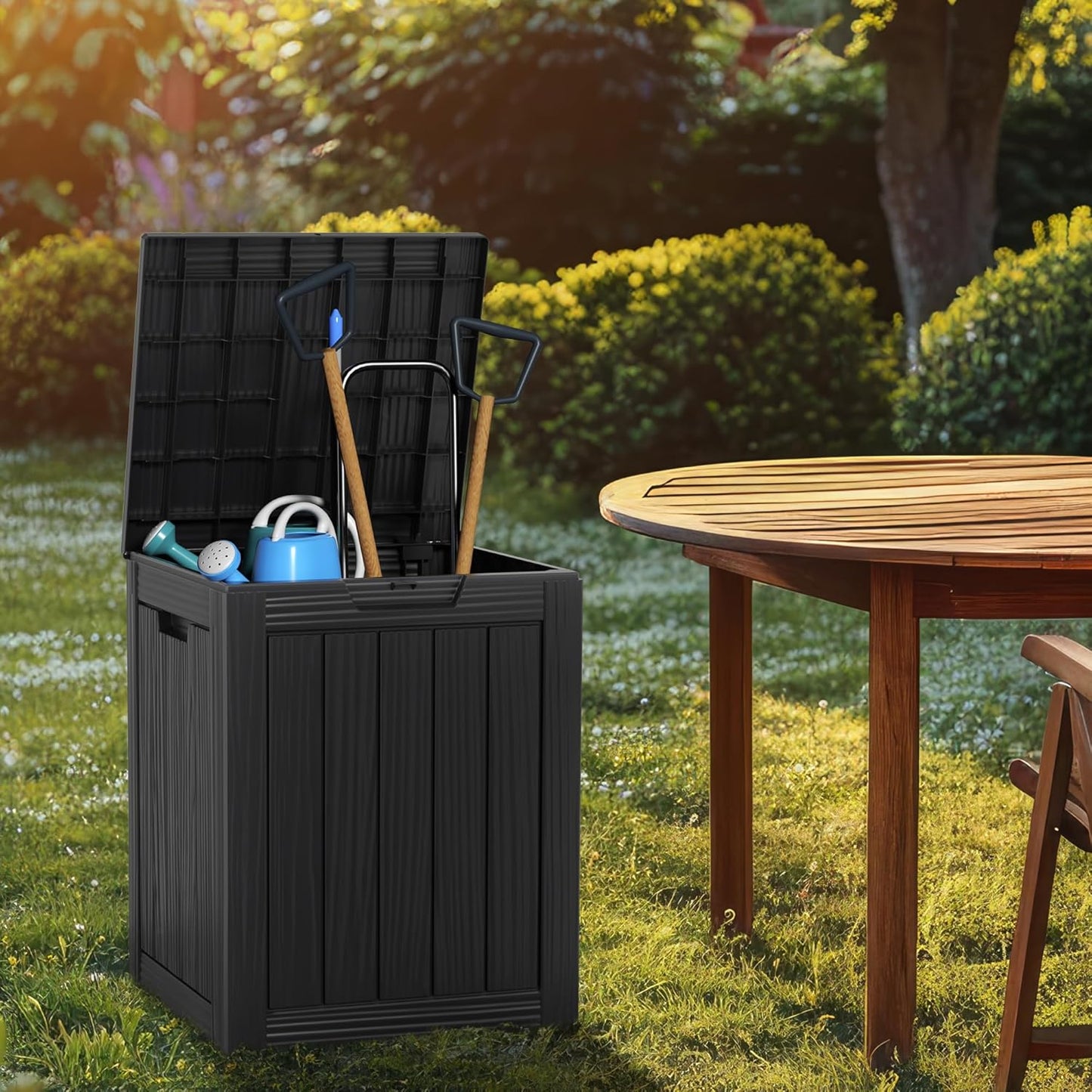 Vixzen 28 Gallon Outdoor Deck Box,Lockable Resin Waterproof Storage Box,UV Resistant,Weather Resistance,Outside Storage Bin for Gardening Tools,Pool Supplies,Black