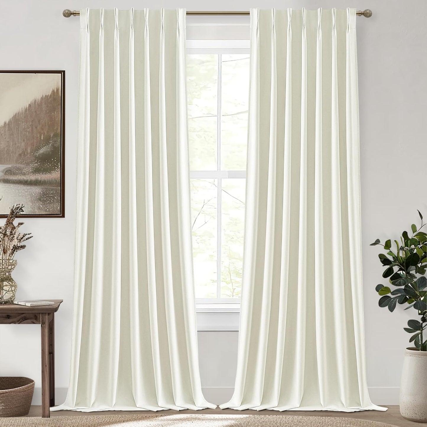 Cream White Viral Blackout Canvas Curtains 100 Inches Long 2 Panels Set for Bedroom, Neutral Pinch Pleated Linen Heavy Thermal Curtains for Winter Room Darkening Insulated Window Drapes 40x100 Inch