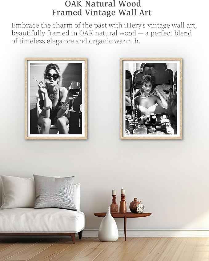 iHery Natural OAK Wood Framed Girl On Toilet Wall Art, 12x16in Canvas Woman On Toilet Smoking and Drinking Wine, Black and White Print, Funny Bathroom Art, Retro Wall Decor Set of 1