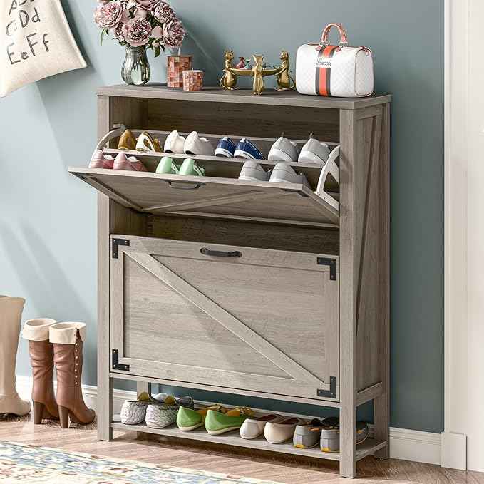 Vabches Shoe Storage Cabinet, 5-Tier Farmhouse Freestanding Organizer with 2 Flip Drawers, Wooden Shoes Rack Cabinets Storage Organizer with Doors for Entryway, Hallway, Closet, Rustic Grey
