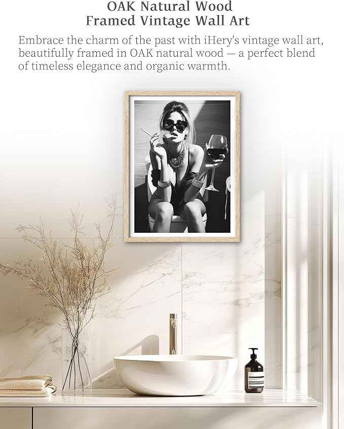 iHery Natural OAK Wood Framed Girl On Toilet Wall Art, 12x16in Canvas Woman On Toilet Smoking and Drinking Wine, Black and White Print, Funny Bathroom Art, Retro Wall Decor Set of 1