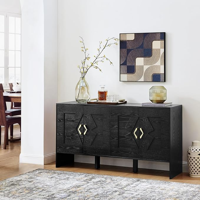 Ball & Cast 60" Mid Century Modern Sideboard Buffet Cabinet with Storage, Credenza & Media Console w/Geometric Pattern Doors & Adjustable Shelves for Living Room,Kitchen Coffee Bar,Entryway,Black