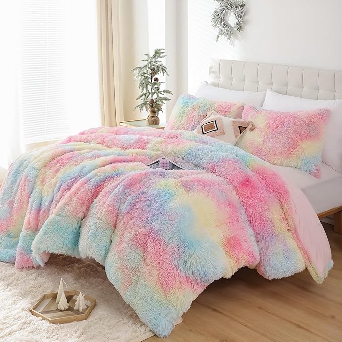 Smoofy Fluffy Full Size Comforter Set, Faux Fur Rainbow Comforter Set, Luxury Fuzzy Bedding Set, Soft Shaggy Full Bed Set for All Season, 3 Pieces - 1 Comforter & 2 Pillowcases