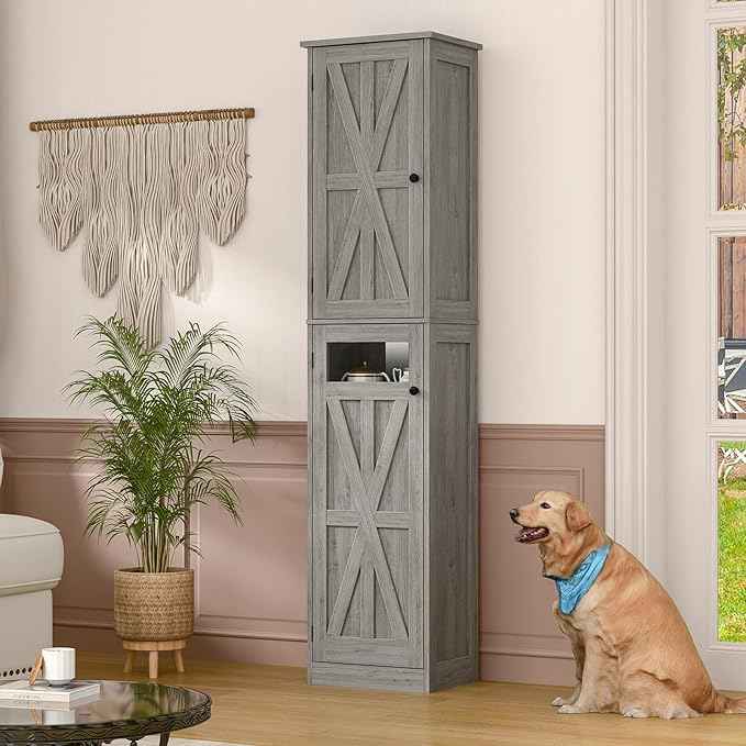 Vabches Tall Bathroom Cabinet, Slim Bathroom Storage Cabinet with Adjustable Shelves and 2 Doors, Narrow Floor Storage Cabinet for Bathrooms, Kitchen, Living Room, Rustic Grey