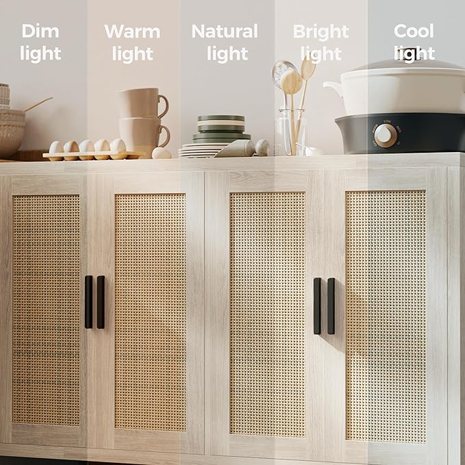 Mericonia Rattan Buffet Cabinet with Storage, Sideboard with Doors, Console Table, Farmhouse Coffee Bar, Modern Wood Long Cabinets (Oak)