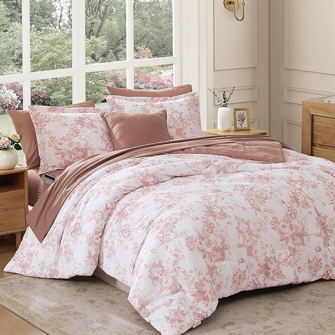 Oversized King Comforter Set -7 Pieces Floral Rose Bedding Set for All Seasons, Bed in a Bag with Botanical Flowers Comforter, Sheets, Pillowcases & Shams