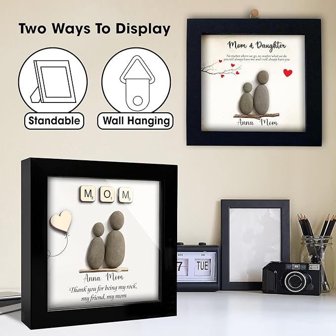 Personalized Mom Pebble Art Frame, Thank You for Being My Rock, Handcrafted Wall Art Gift Mom, Grandma or Nana, Meaningful Birthday, Mother’s Day & Appreciation Gift from Daughter, Son, Grandkids