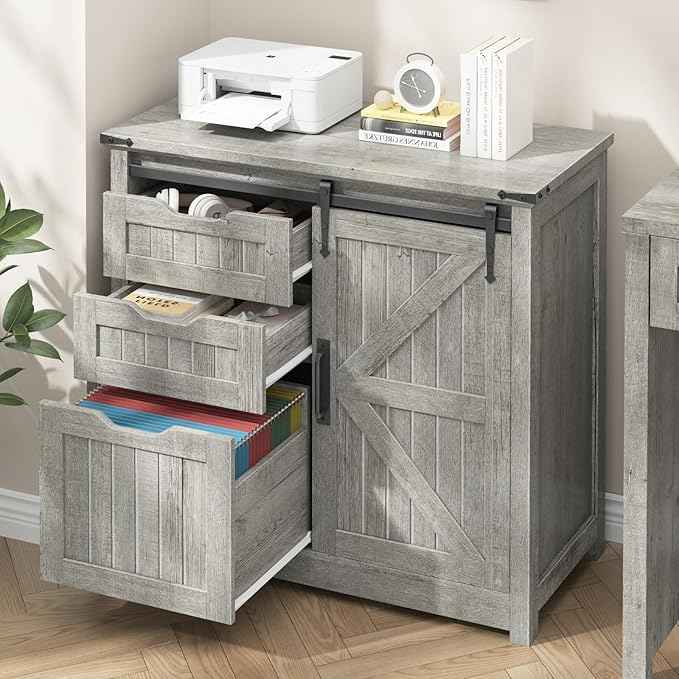 Vabches Lateral File Cabinets with Adjustable Shelf, Farmhouse Filing Cabinet for Home Office, Filing Organization Storage Cabinets with Sliding Barn Door for Hanging Files Letter/A4.