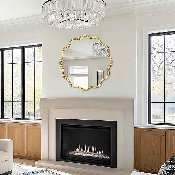PROHOMEWARE Gold Round Mirror 24 Inch Wavy Bathroom Vanity Mirror Gold Frame Modern Wall Mirror Decorative Wall-Mounte Anti-Rust, Tempered Glass