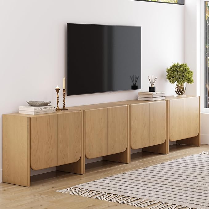Nathan James Jacala Mid Century Modern Media Console Cabinet or TV Stand, Entryway Storage Cabinet with Doors or Credenza with Wood Frame, Raw Oak, Set of 4