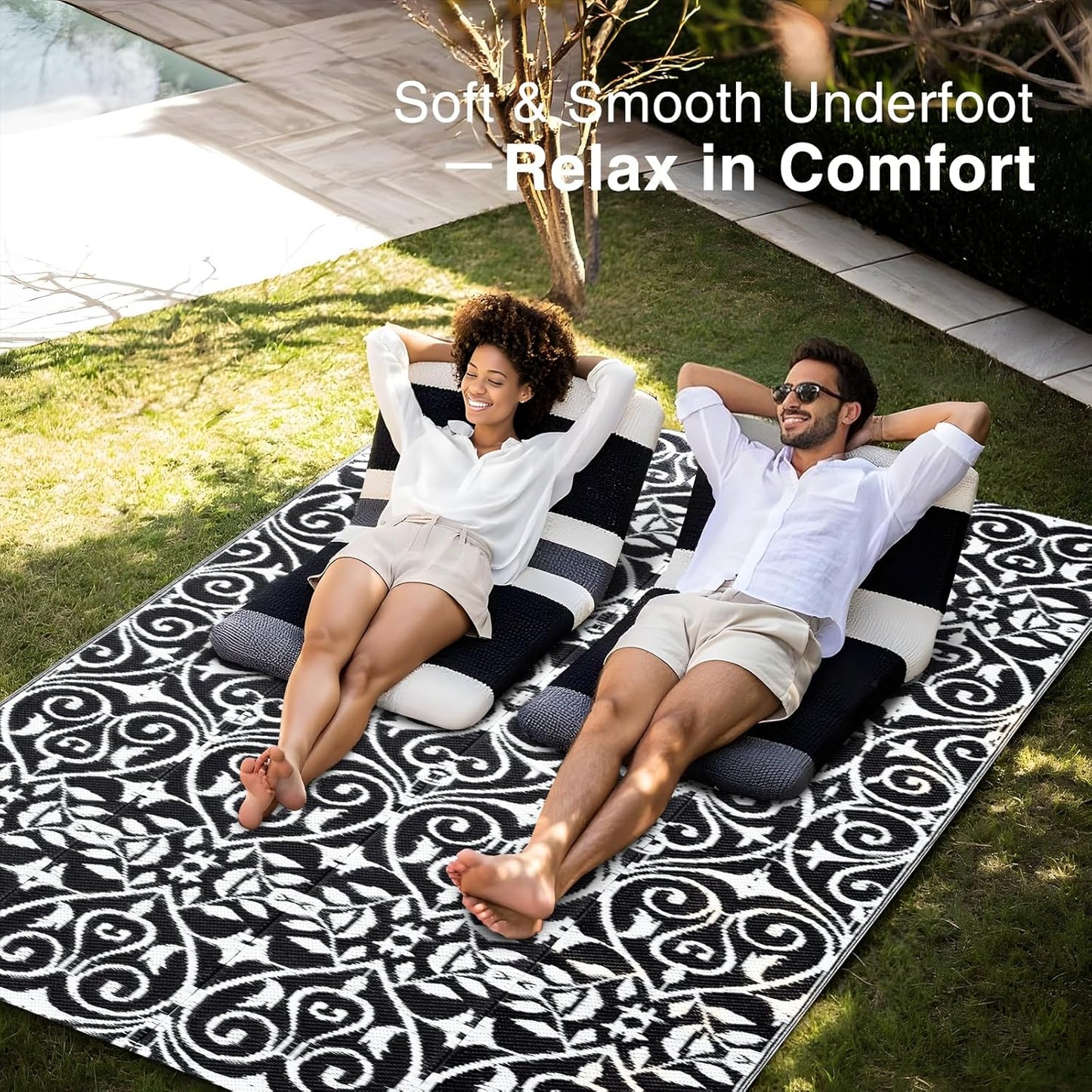 OLANLY Outdoor Rug Waterproof 5x8 ft Clearance, Reversible Outdoor Plastic Straw Rug with Floral Pattern, RV Mat for Patio, Camping, Balcony, Deck, Backyard, Black & White