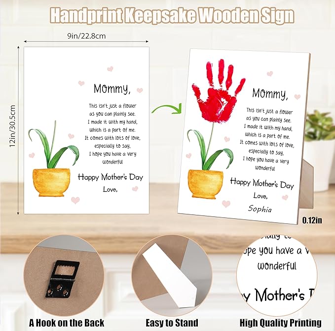 rorusio Mommy Handprint Poem, Happy Mothers Day Sign with Stand and Hook with Stand and Hook - 9x12 Inch, Mothers Day Crafts Handprint Keepsake, Personalized Gifts for Mom from Daughter & Son