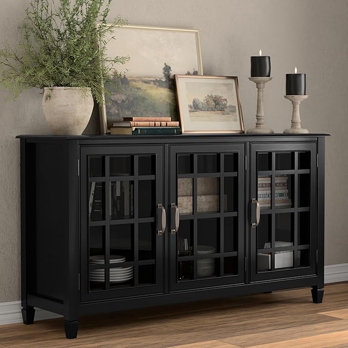 SIMPLIHOME Connaught Storage Cabinet - 60 inch Wide Solid Wood Buffet in Black, Traditional Sideboard for Dining Room, Entryway, or Living Room with Glass Doors, Adjustable Shelves, and Notched Legs
