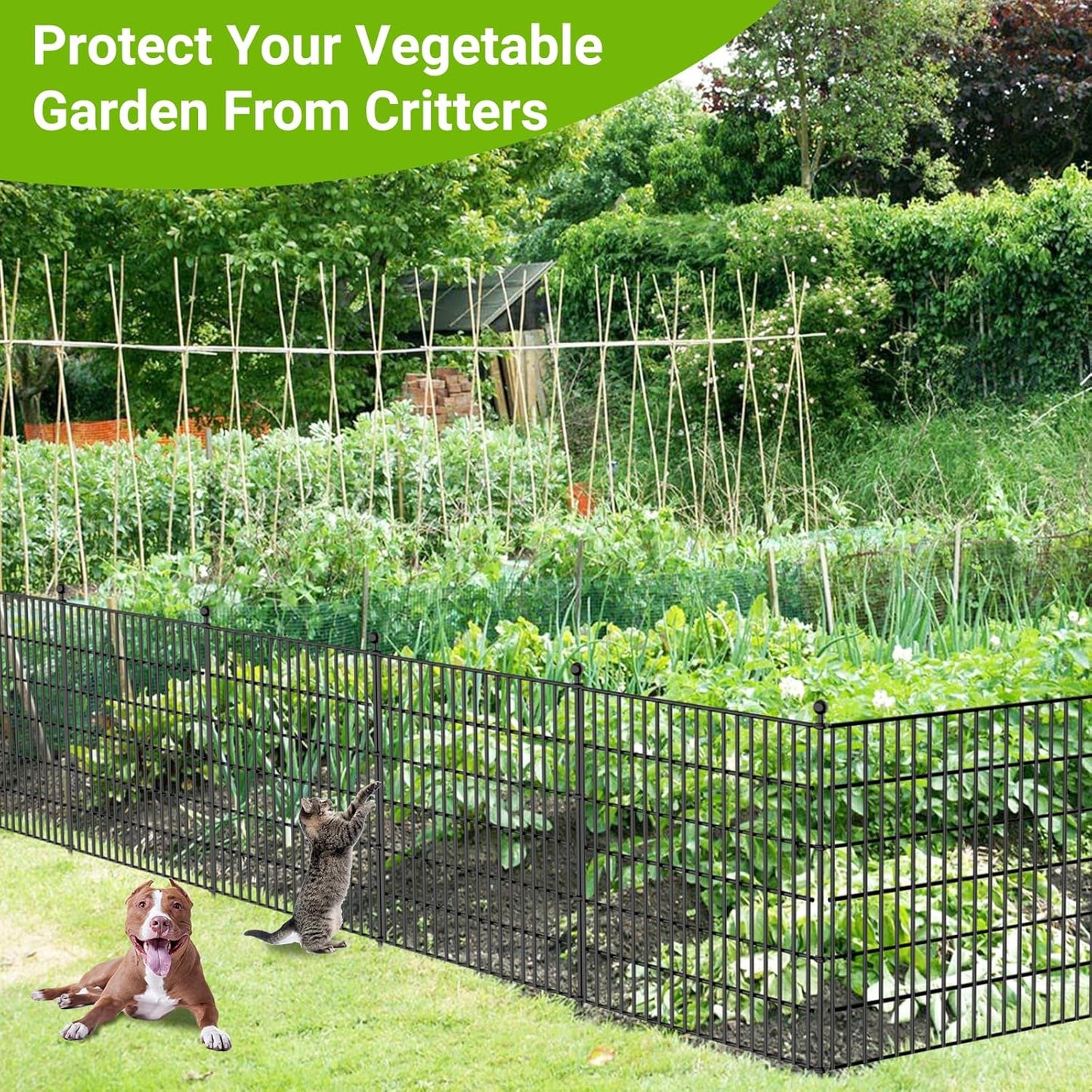 4 Panels No Dig Decorative Outdoor Garden Fence with Gate for Yard, 48 in(H) X 10.5 ft(L) Animal Barrier Fencing Rustproof Metal Wire Panel Border for Dog, Rabbits, and Patio Temporary Ground Stakes