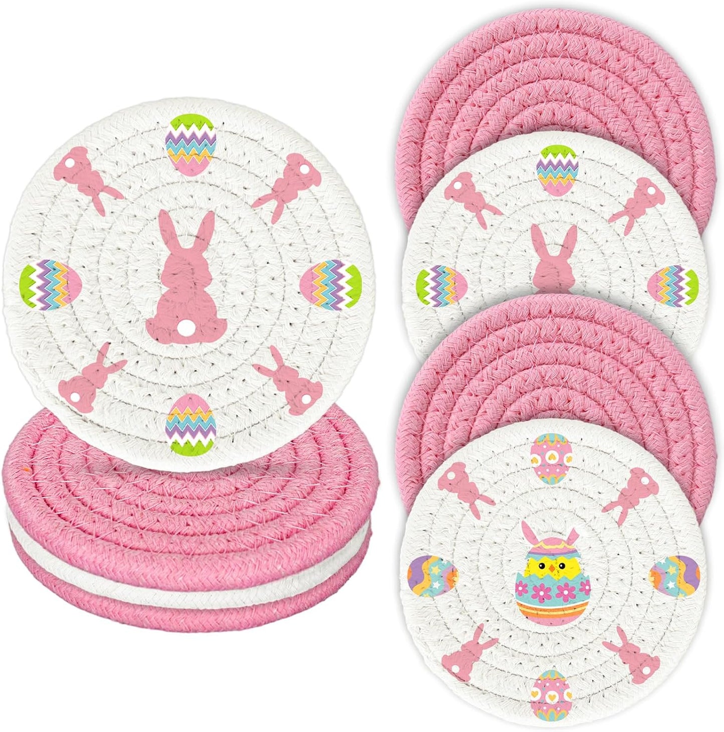 Whaline 4Pcs Easter Bunny Rabbit Egg Cotton Coasters - Handmade Braided Drink Coasters - Pink & White - Absorbent Round Tabletop Protection