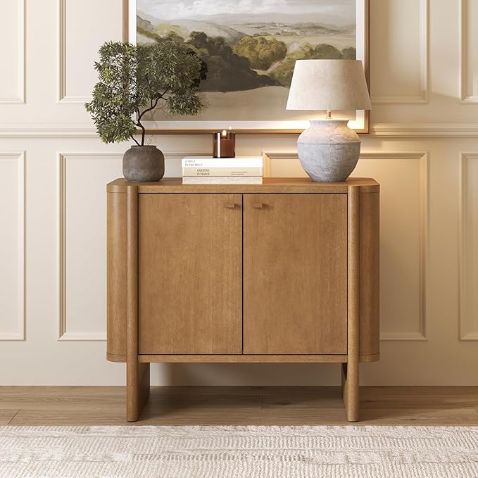 Nathan James Solace Mid Century Modern Cabinet, Storage Cabinet or Accent Cabinet with Doors with Solid Wood Legs and Adjustable Shelf, Light Brown