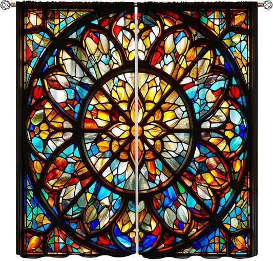 Stained Glass Curtains,Retro Mid Century Abstract Colorful Geometric Prints Home Decor Drapes for Bedroom Living Room Kitchen Window Treatment 2 Panels Set Total Size 63" W X 72" L Inch