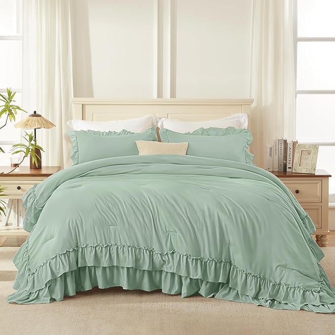 Andency Sage Green Full Size Comforter Set, 3 Pieces Farmhouse Shabby Chic Ruffle Bedding Comforter Sets, Lightweight Fluffy All Season Soft Microfiber Boho Bed Set(79x90Inch)