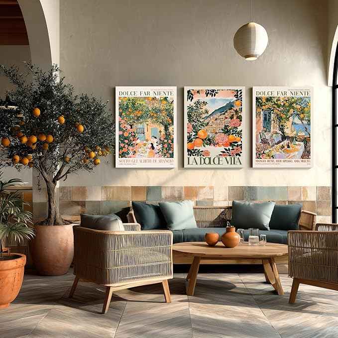Cyebmo Framed Italy Travel Wall Art set of 3, Trendy Amalfi Coast Wall Decor, Italian Food Wrapped Canvas Artwork, Vintage Italian City Poster Prints for Bedroom Dining Room Living Room 12"x16"x3