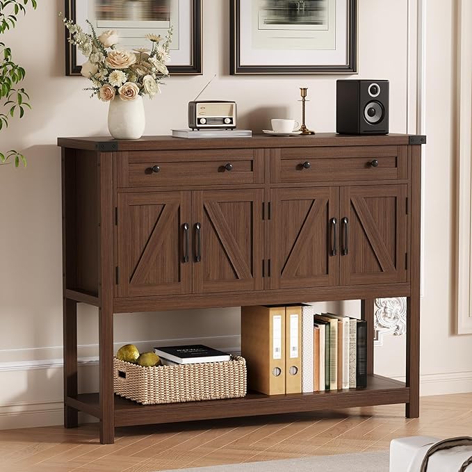 47" Buffet Sideboard Cabinet with 2 Drawers & 4 Barn Doors, Large Farmhouse Kitchen Wood Coffee Bar Cupboard Cabinet, Barn Doors Console Table for Kitchen, Dining Room, Living Room, Entryway, Brown