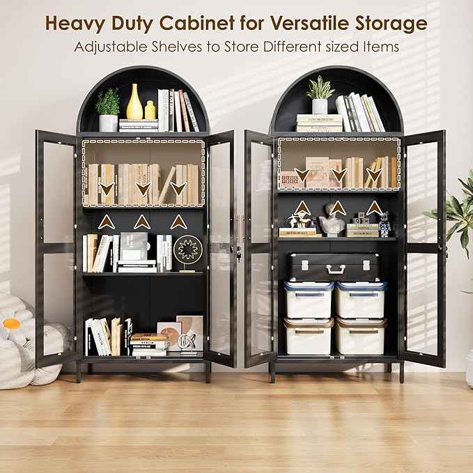 Metal Arched Cabinet with Lock,Arched Display Cabinet with Glass Doors and Shelves,Kitchen Pantry Cabinet for Dining Room, Home,Assembly Required (Black)
