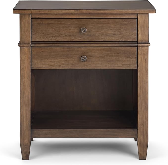 SIMPLIHOME Carlton Bedside Table - 24 inch Wide Solid Wood Nightstand Table in Rustic Natural Aged Brown, Transitional Bedroom Side or End Table with 2 Drawers, Open Storage Shelf and Bronze Hardware